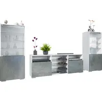 Vladon Wohnwand Granada, Anbauwand bestehend aus 2 Vitrinen und 1 TV-Board, Weiß matt/Beton Dunkel Optik (286 x 122,5 x 35 cm)