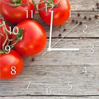 Wallario Design Wanduhr Tomaten und Gewürze auf altem Holztisch aus Echtglas, Größe 30 x 30 cm