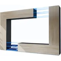 Vladon Wohnwand Mirage, Germany, Anbauwand mit Rückwand mit 2 Türen, 2 Klappen und 6 offenen Glasablagen, Schwarz matt/Eiche Sägegrau, inkl. LED-Beleuchtung (262 x 183 x 39 cm)