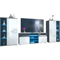 Vladon Wohnwand Davos, Anbauwand bestehend aus 2 Vitrinen und 1 TV-Board, Anthrazit matt/Weiß Hochglanz inkl. LED-Beleuchtung (329 x 134 x 35 cm)