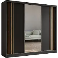 Masseno Schiebetürenschrank NELVIA 240 cm Kleiderschrank Schlafzimmer Schrank 3-türig mit Spiegel und Lamellen Schwarz