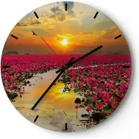 ARTTOR Wanduhr - Rund - Glasuhr - See Blumen - 30x30cm - Schleichendes Uhrwerk - Lautlos - zum Aufhängen bereit - Dekoration Modern - Wanddekoration aus Glas - C3AR30x30-3769