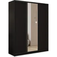 Masseno Schiebetürenschrank TARI 150/205/58 cm Kleiderschrank mit 4 Schubladen Schlafzimmer Schrank 3-türig mit Spiegel Schwarz
