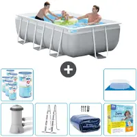 Intex Rechteckiges Prisma-Rahmen-Schwimmbecken – 300 x 175 x 80 cm – Grau – inklusive Pumpe – Leiter Sonnensegel - Wartungspaket - Filter - Bodenplane
