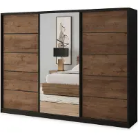 Masseno Schiebetürenschrank NATA 270/205/58 cm Kleiderschrank mit 4 Schubladen Schlafzimmer Schrank 3-türig mit Spiegel Schwarz / Eiche Lefkas
