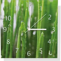 Wallario Design Wanduhr Wassertropfen an Grashalmen aus Aluverbund, Größe 30 x 30 cm
