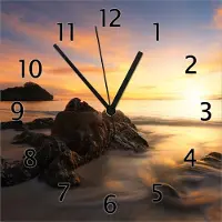 Wallario Design Wanduhr Sonne über dem Meer mit Felsenlandschaft aus Echtglas, Größe 30 x 30 cm