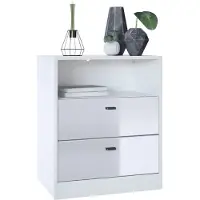 Vladon Kommode Pino V1, Germany, Nachttisch mit 2 Schubladen & 1 offenem Fach, Weiß matt/Weiß Hochglanz ohne LED (56 x 67,5 x 36 cm)