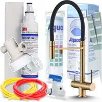 ARI HighFlex 3-Wege Küchenarmatur Ausziehbar Gebürstetes Gold mit 3M AP2-C405-SG Trinkwasserfilter Untertisch Wasserfiltersystem