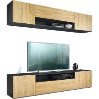 Vladon Wohnwand Mogan, Schwarz matt/Eiche Natur - Moderne Anbauwand bestehend aus 2 TV-Boards (181 x 147 x 35 cm)