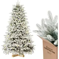 Salcar 180 cm Künstlicher Weihnachtsbaum mit Beleuchtung Weiß Schneeflocken, LED Tannenbaum mit Schnee und Echtholz Baumständer