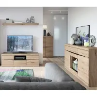 Lomadox Wohnzimmer Set Lowboard, Wandboard, Sideboard, Highboard mit Beleuchtung SANFORD-129 in Eiche hell Nb.