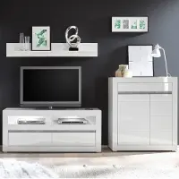 Lomadox Wohnwand mit LED in Hochglanz weiß und Griffmulden Betonoptik COGO-61 BxHxT: 265x135x42cm