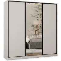 Masseno Schiebetürenschrank TARI 180/205/58 cm Kleiderschrank mit 4 Schubladen Schlafzimmer Schrank 3-türig mit Spiegel Weiß