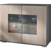 Vladon Kommode Grömitz V3, Moderner Küchenschrank mit 2 großen Glastüren Anthrazit matt / Eiche sägerau (92,5 x 75.5 x 35)