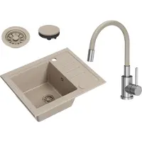 VBChome Spülbecken Granit Beige mit Armatur 55 x 44 cm Einzelbecken Einbauspüle Gesprenkelt Reversibel Granitspüle Beige Siphon Waschbecken Armatur