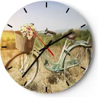 ARTTOR Wanduhr - Rund - Glasuhr - Fahrrad Wiese Blumen - 30x30cm - Schleichendes Uhrwerk - Lautlos - zum Aufhängen bereit - Dekoration Modern - Wanddekoration aus Glas - C3AR30x30-4206