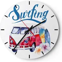 ARTTOR Wanduhr - Rund - Glasuhr - Aquarell Surfbrett Palme Bäume - 30x30cm - Schleichendes Uhrwerk - Lautlos - zum Aufhängen bereit - Dekoration Modern - Wanddekoration aus Glas - C3AR30x30-3112