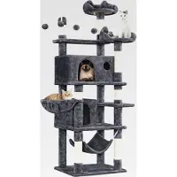 Markenlos Kratzbaum 170 cm Katzenbaum XL Stabiler Katzenkratzbaum Kletterbaum für Katzen, mit Aussichtsplattform Katzenhöhlen Hängematte Liegemulde Plüschbälle, Dunkelgrau