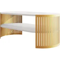 Mirjan 24 Couchtisch Fikoli Oval I Gold, Wohnzimmer Kaffeetisch, Gestell aus Stahl (Farbe: Gold / Arktisches Weiß)