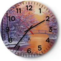 ARTTOR Wanduhr - Rund - Glasuhr - Brücke Schnee Wald - 40x40cm - Schleichendes Uhrwerk - Lautlos - zum Aufhängen bereit - Dekoration Modern - Wanddekoration aus Glas - C4AR40x40-4545