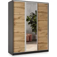 Masseno Schiebetürenschrank SORE 150/205/58 cm Kleiderschrank mit 4 Schubladen Schlafzimmer Schrank 3-türig mit Spiegel Schwarz / Eiche Wotan