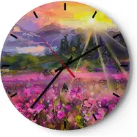 ARTTOR Wanduhr - Rund - Glasuhr - Berge Blumen Blumen - 30x30cm - Schleichendes Uhrwerk - Lautlos - zum Aufhängen bereit - Dekoration Modern - Wanddekoration aus Glas - C3AR30x30-4029