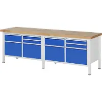 RAU Werkbank mit 10 Schubladen - Teilauszug - 90:4 / 180:2 / 360:4 - höhenverstellbar 840-1.040 mm - 2.500 x 700 mm (BxT) - Traglast 1.250 kg - Buche