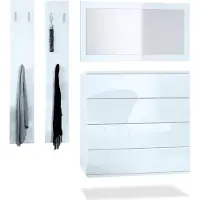 Vladon Garderoben-Set Hollywood, bestehend aus 1 Kommode mit 4 Schubkästen, 1 Spiegel und 1 Wandpaneel Set, Weiß matt/Weiß Hochglanz