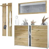 Vladon Garderoben-Set Orlando mit Schuhschrank, Germany, Wandpaneel und Wandspiegel, Weiß matt/Eiche Natur
