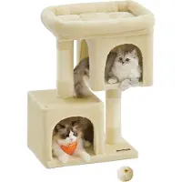 Feandrea Kratzbaum, 74 cm Katzenbaum, M, Katzenhaus für mittelgroße Katzen bis zu 5 kg, große Plattform, 2 Katzenhöhlen, Sisalstämme, beige PCT612M01