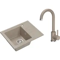 VBChome Spülbecken Granit Beige mit Armatur 55 x 44 cm Einzelbecken Einbauspüle Gesprenkelt Reversibel Granitspüle Siphon Waschbecken Armatur