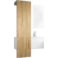 Vladon Garderobe Carlton Set 2, Germany, Garderobenset bestehend aus 1 Garderobenpaneel, 1 Schubkastenschrank und 1 Wandspiegel, Weiß matt/Eiche Natur (105 x 193 x 35 cm)