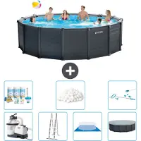 Intex runder Pool mit graphitgrauem Paneel – 478 x 124 cm – inklusive Pumpe – Leiter – Bodenplane – Abdeckung Wartungspaket - Filterbälle - Reinigungskit