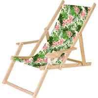 Ferocity Holz Liegestuhl Klappbar Klappliegestuhl mit Armlehne und Getränkehalter Strandstuhl Motiv Palm Hell [119]