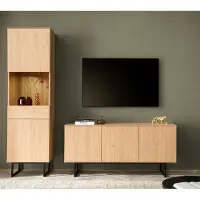Lomadox Wohnwand in Eiche mit 150 cm Lowboard & Vitrinenschrank mit Beleuchtung, Metallgestelle, 2-teilig - KASOL-61