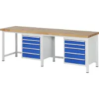 RAU Werkbank mit 10 Schubladen - Vollauszug - 90:4 / 120:6 - höhenverstellbar 840-1.040 mm - 2.500 x 700 mm (BxT) - Traglast 1.250 kg - Buche