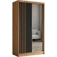 Masseno Schiebetürenschrank NELVIA 120 cm Kleiderschrank Schlafzimmer Schrank 2-türig mit Spiegel und Lamellen Eiche Artisan