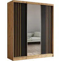 Masseno Schiebetürenschrank NELVIA 180 cm Kleiderschrank Schlafzimmer Schrank 3-türig mit Spiegel und Lamellen Eiche Artisan