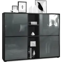 Vladon Highboard Cuba V3, Germany, Schwarz matt/Grau Hochglanz - Moderne Anrichte mit 12 Fächern (130,5 x 105,5 x 35,5 cm)