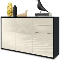 Vladon Sideboard Ben V3, Kommode mit 3 Türen und 2 Schubladen, Schwarz matt/Creme Hochglanz (117 x 74 x 36 cm)