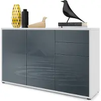Vladon Sideboard Ben V3, Kommode mit 3 Türen und 2 Schubladen, Weiß matt/Grau Hochglanz (117 x 74 x 36 cm)