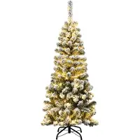 Goplus 228cm Künstlich Weihnachtsbaum, Tannenbaum mit LED-Beleuchtung & Schnee, Christbaum mit Metallständer, Wiederverwendbar Schnelle Montage & Faltung