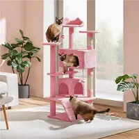 Yaheetech Kratzbaum Kletterbaum 139 cm H, Katzenbaum mit 3 Aussichtsplattformen & 2 Kuschelhöhlen, Rosa
