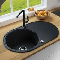 Lindbergh MIT ARMATUR - Rein Schwarz Antibakterielle Granit Spüle "IDE44" + "1-Deco" Einbauspüle Küchenspüle Spülbecken