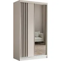 Masseno Schiebetürenschrank NELVIA 120 cm Kleiderschrank Schlafzimmer Schrank 2-türig mit Spiegel und Lamellen Weiß