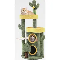 Markenlos Kaktus Kratzbaum, Oase-Thema Moderner Katzenbaum 123 cm hoch, Stilvoller Kletterbaum für 2-3 Katzen, mit 2 Plattformen 2 Höhlen, Grün-Gelb