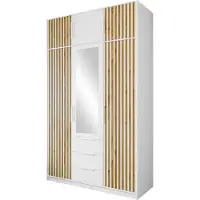 Mirjan 24 Kleiderschrank Tytus Lux D3 mit Schrankaufsatz, Garderobe mit 6 Drehtüren und 3 Schubladen, Aluminumgriffe, Kleiderstange, Frontspiegel (Farbe: Weiß / Weiß + Eiche Wotan)