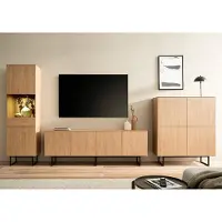 Lomadox Wohnwand in Eiche mit Lowboard, Highboard & Vitrinenschrank inkl. Beleuchtung, Metallgestelle, 3-teilig - KASOL-61