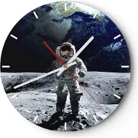 ARTTOR Wanduhr - Rund - Glasuhr - Astronaut Mond Erde Raum - 40x40cm - Schleichendes Uhrwerk - Lautlos - zum Aufhängen bereit - Dekoration Modern - Wanddekoration aus Glas - C3AR40x40-2864